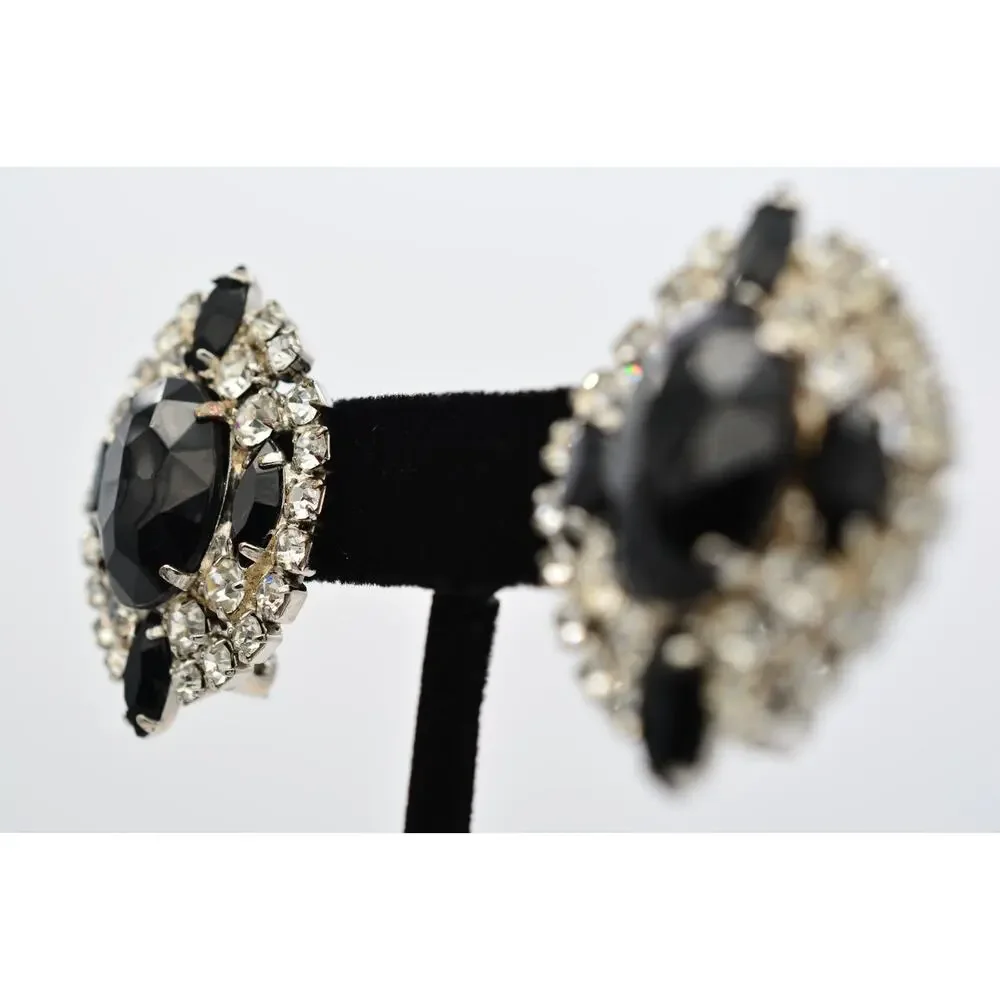 Vintage Black Clear Rhinestone Crystal Cluster Statement Clip On Earrings BinAF